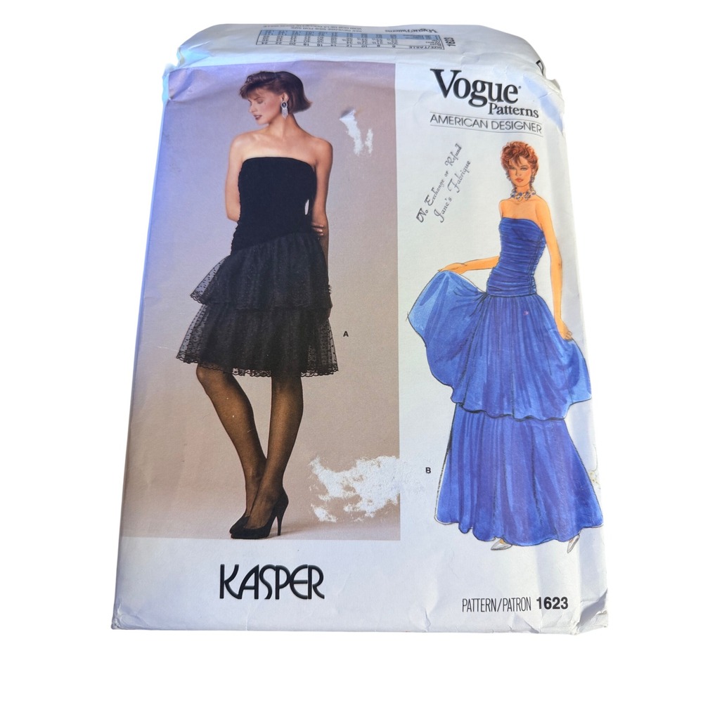 Vogue 1623 Sewing Pattern Size 14 Kasper Strapless Dress Good Vintage 80s Prom